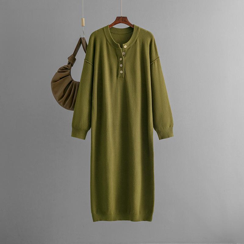 Women's Long Sleeve Button V Neck Oversized Dress Casual Loose Fit Waffle Knit Fall Midi Sweater Dress Trendy Outfits Solid Color Dress for Women