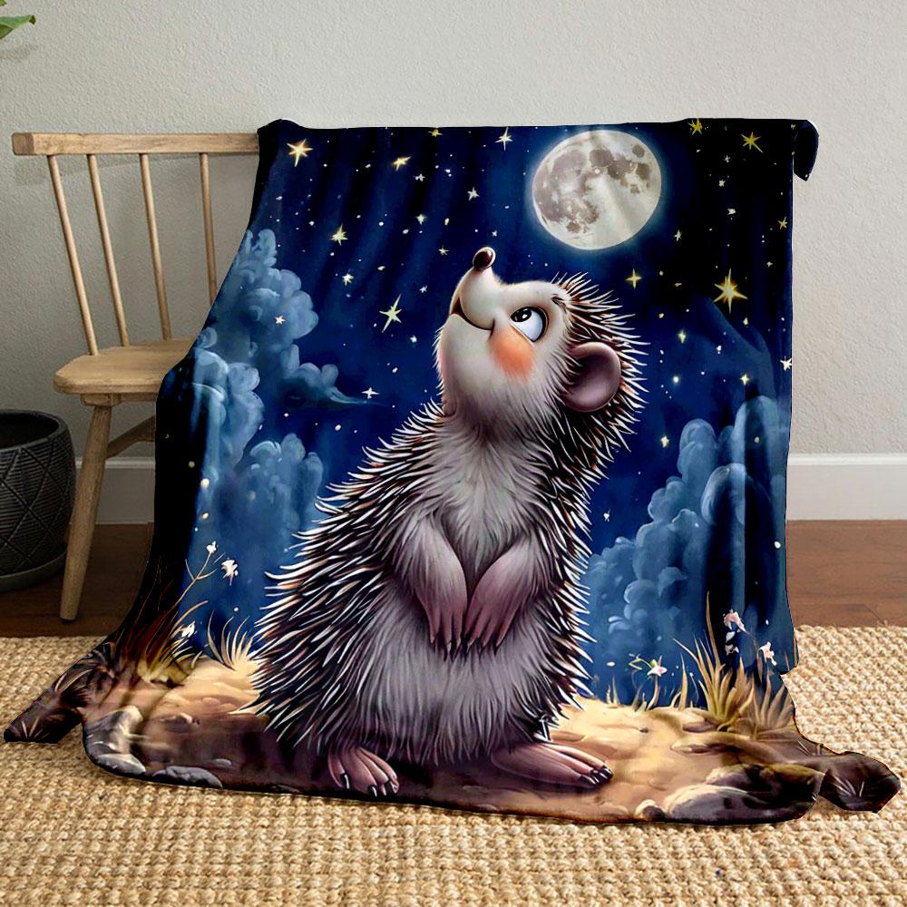 Hedgehog Gazing at Moonlit Sky Patterned blanket, flannel, suitable for all seasons, home decor, warm and cozy
