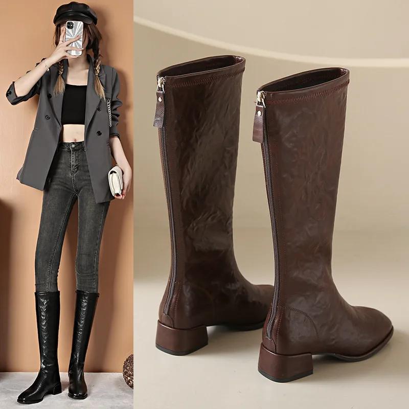 Luxury Women's Boots High Quality Square Toe Women's Ankle Boot Fashion Med-High Heels Women Shoes British Style Knee-High Boots