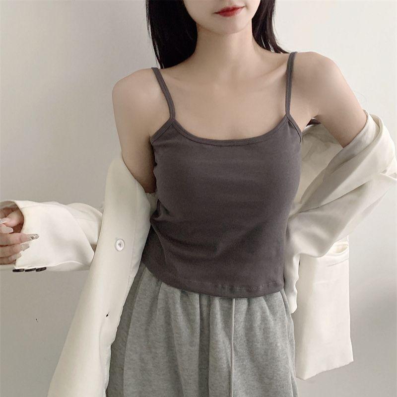 Женская майка с нагрудной подушечкой, красивый жилет с открытой спиной, облегающий грудь, однотонный короткий топ