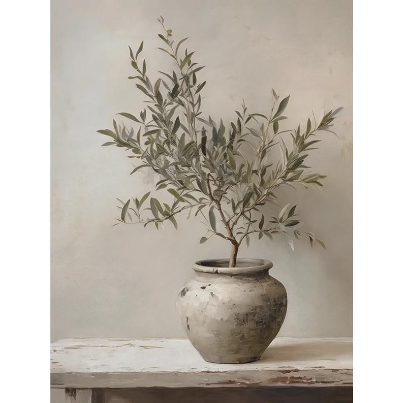 Retro Elegant Olive Tree and Lemon Canvas Poster Vase Wall Art Poster Perfect Gift for Living Room Bedroom Dormitory Home Decor