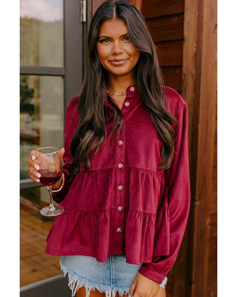 Azura Exchange Рубашка с круглым вырезом цвета бордового вельвета с оборками и пуговицами