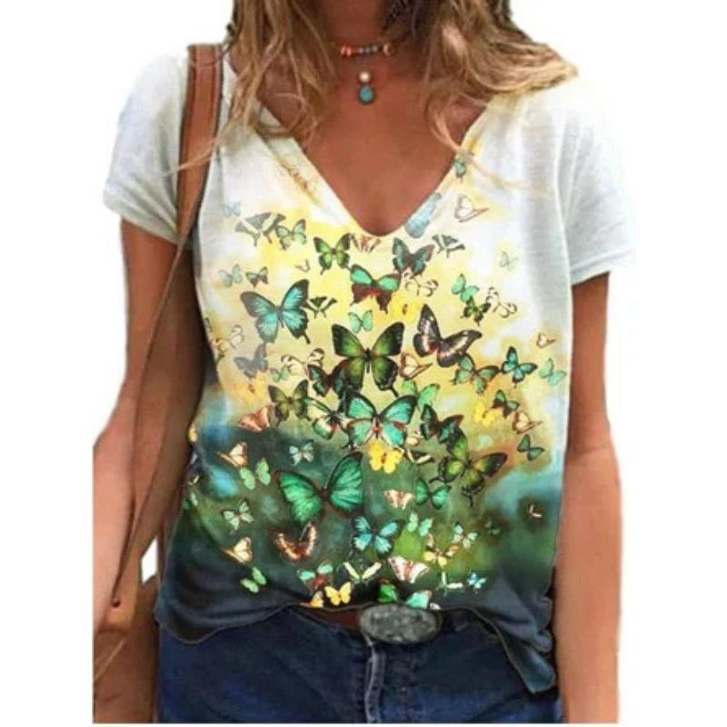 Summer Butterfly Dragonfly 3dV Neck Printed New Women's Top T-shirt