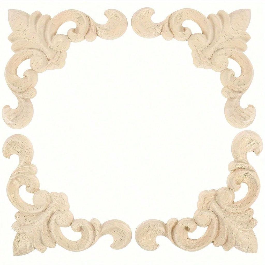 4 шт. резных аппликаций из дерева, накладки, неокрашенные резные наклейки, угловые таблички для настенного шкафа, проект «сделай сам», 8x8 см/3,15"X3,15"