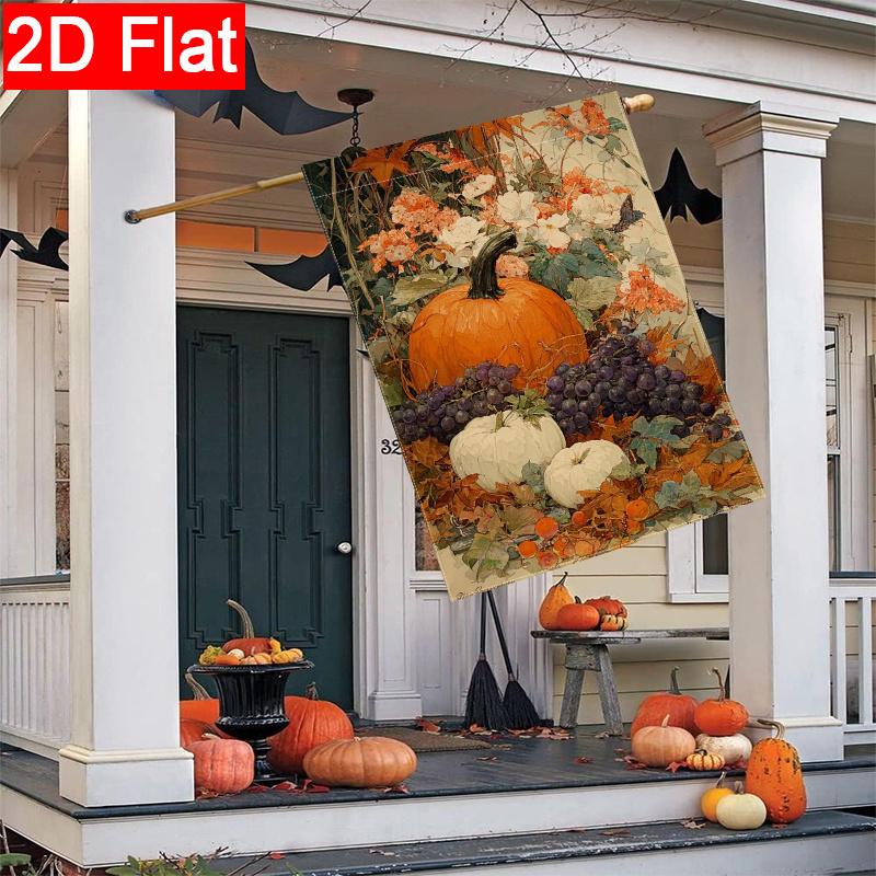 2D Flat - 2D Flat Autumn Thanksgiving Pumpkin Flowers Fruit Welcome Garden Flag_2-28X40 Inches Outdoor Garden Flag Double-Sided Home Decoration Courty