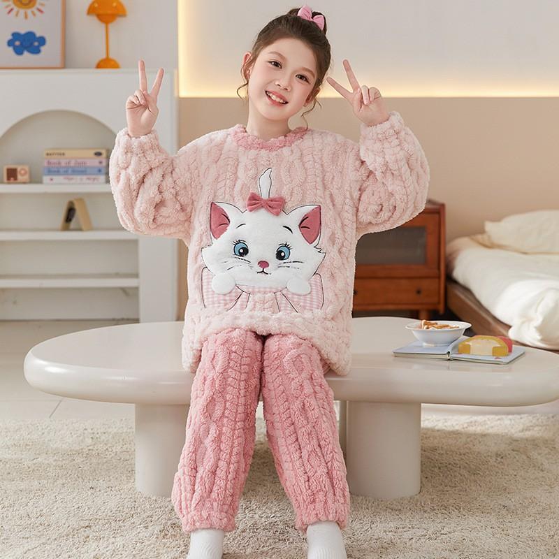 Girls Winter Warm Pajama Set Cartoon Print Fleece Sleepwear Ages 8 Long Sleeve Home Outfit
