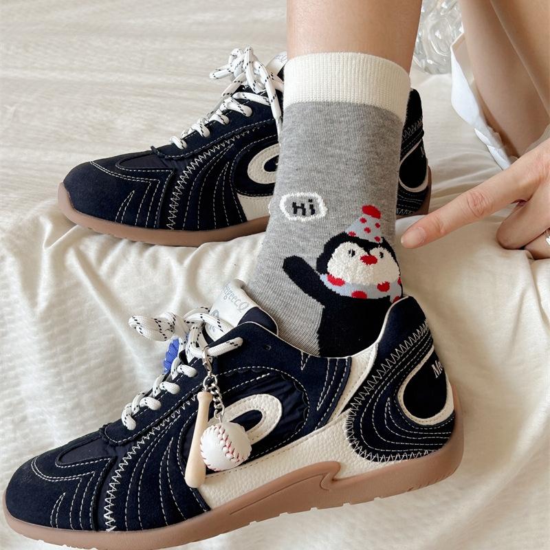 Penguin Socks Medium Tube Socks Tide Cartoon Embroidery Flocking Lace Cute Pure Cotton Stacking Socks