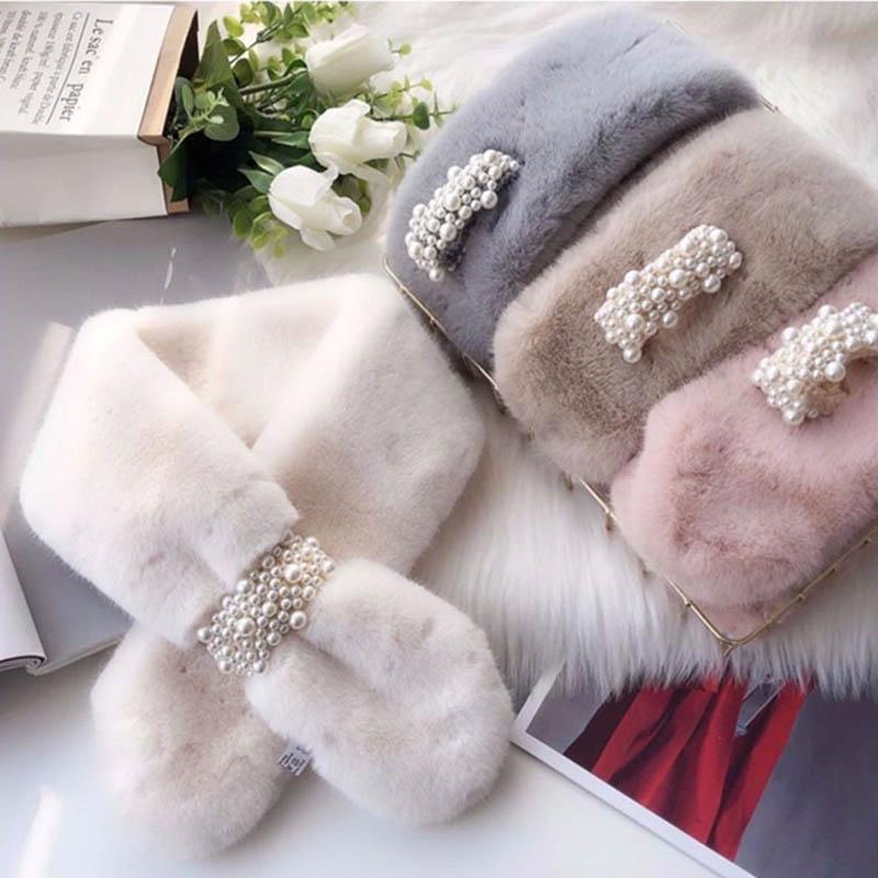 Women Winter Net Red Thicken Solid Color Faux Rabbit Fur Plush Cross Collar Scarf Shawl