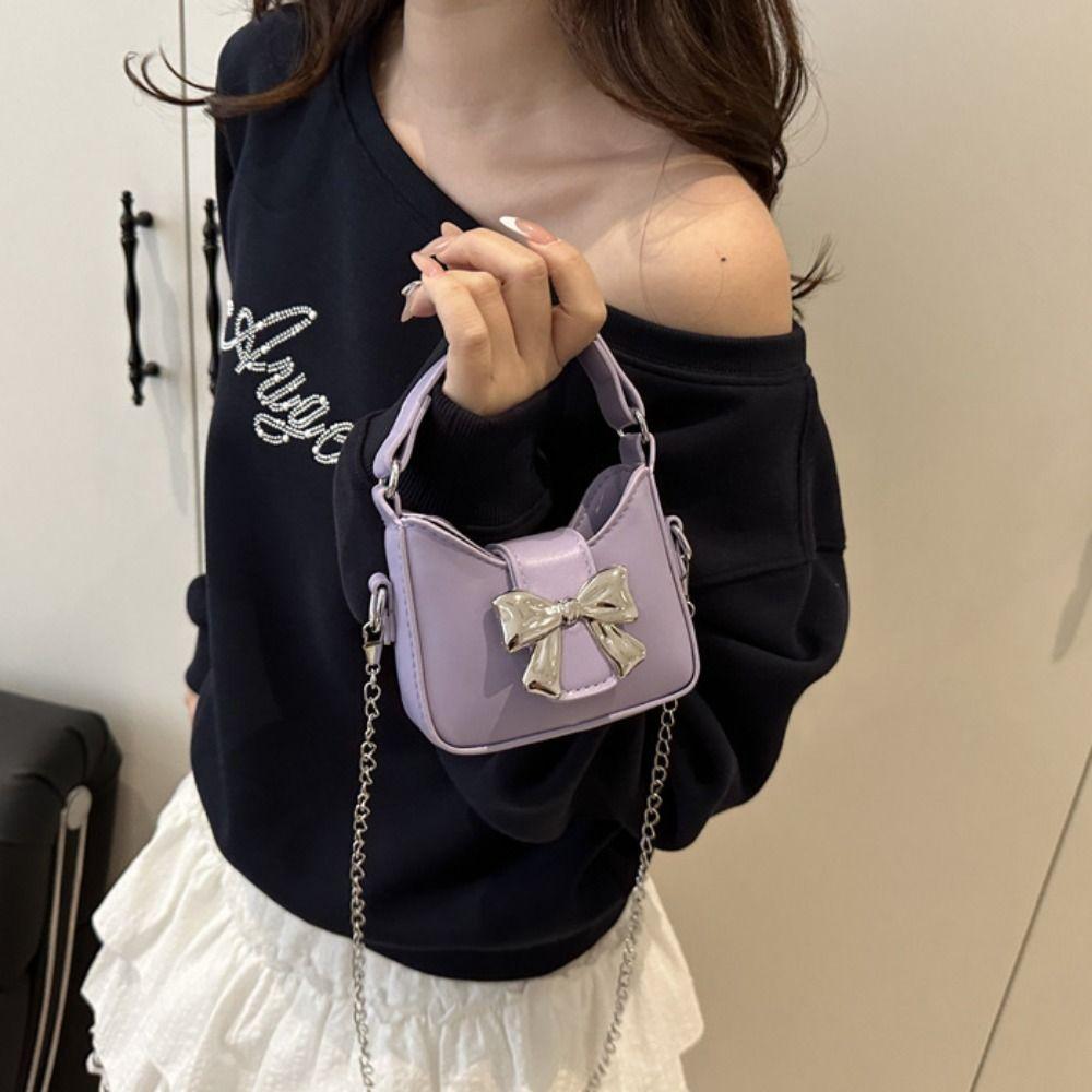 Pu Leather Bow Buckle PU Bag Mini Women's Shoulder Bag Simple Silver Bucket Bag Women