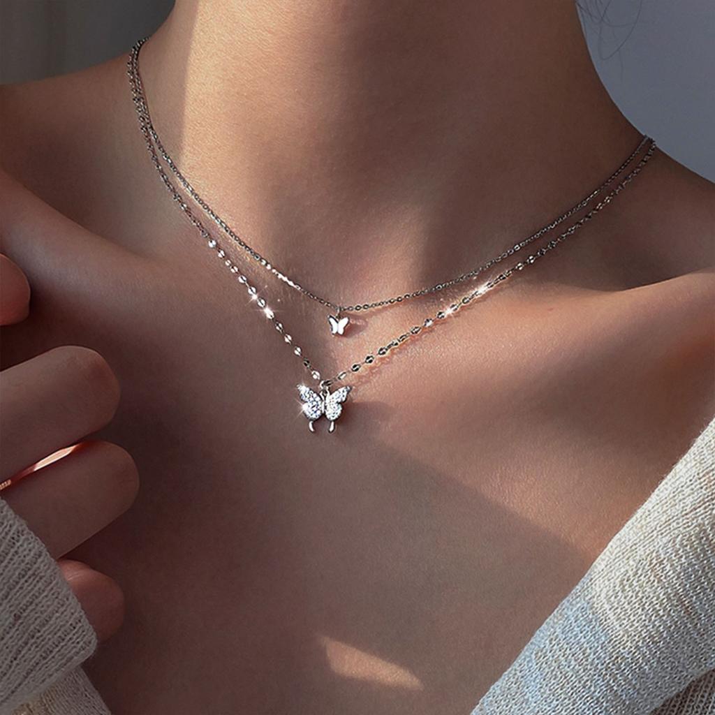 Vintage Layered Crystal Butterfly Necklace Stylish Minimalist Design Pendant Necklaces Gift for Women Teen Girls Girlfriend