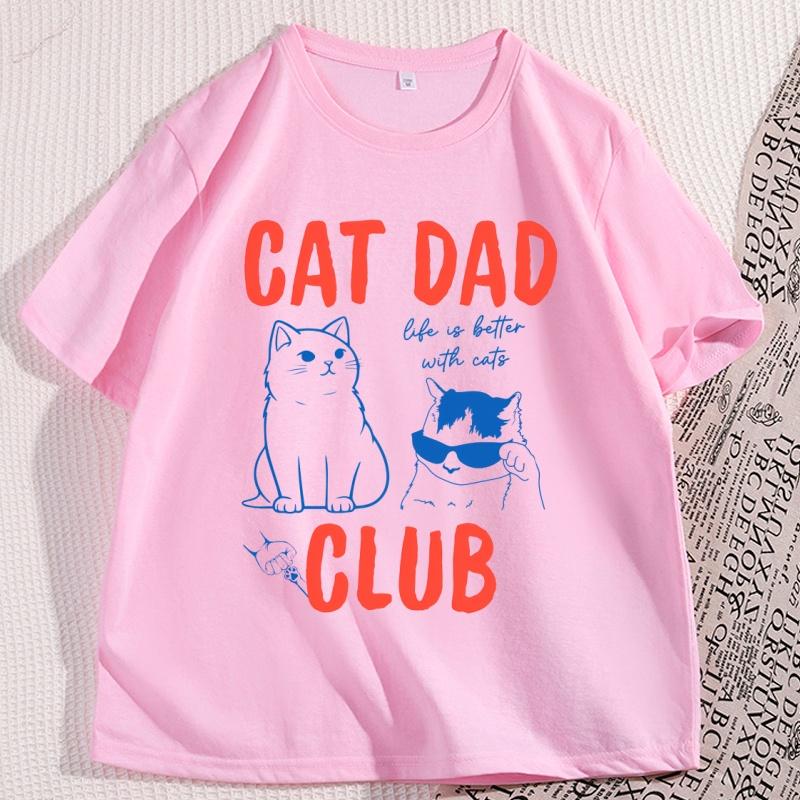 Cat Dad T Shirt Men Casual Cotton Short Sleeve Cat Dad Club Tshirt Funny Cat Lover Tshirt Casual Short Sleeve Round Neck Tee