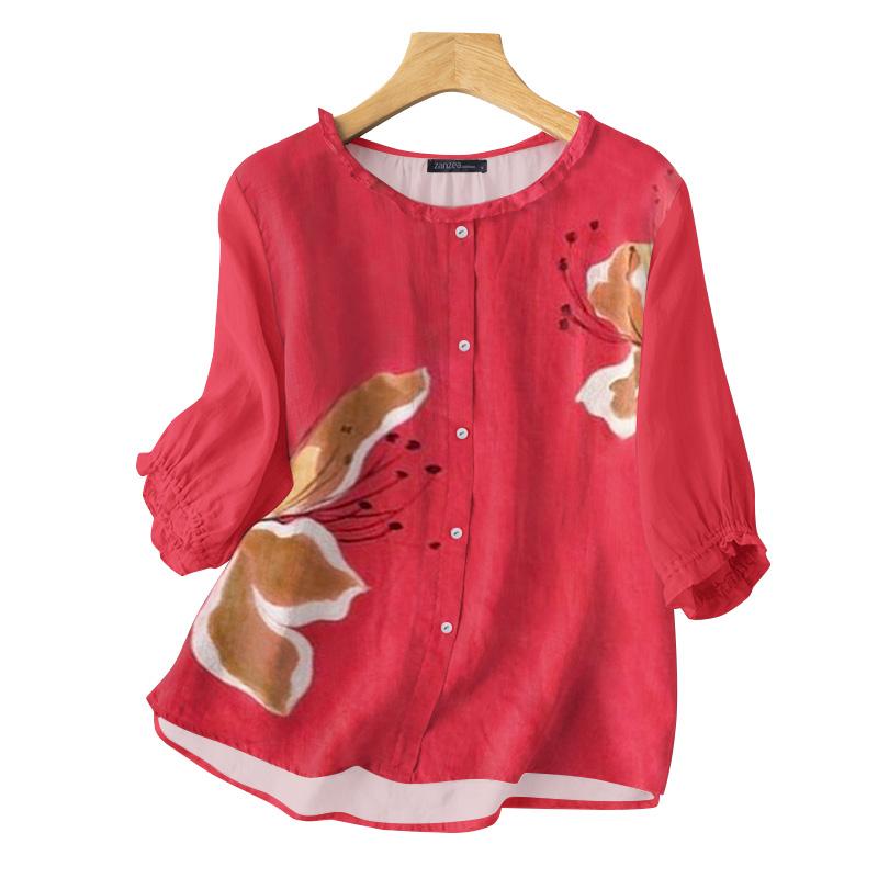 ZANZEA Women Casual O-neck Printing 3/4 Sleeve Blouse