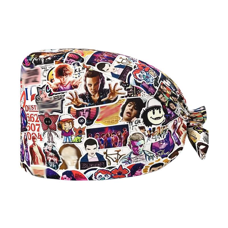 Unisex Cartoon Print Nurse Cap - Breathable, Sweat-Absorbent Surgical Cap for Pet Hospital and Medical Use.
