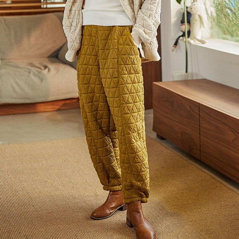 Johnature Quilted Thickened Women Bloomers Loose Elastic Quilted Cotton Trousers Winter Solid Color Casual Pants