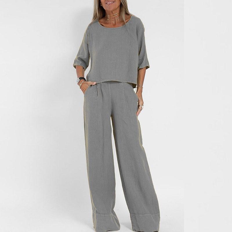 Женский повседневный свободный костюм с шортами из хлопка и льна однотонной расцветки