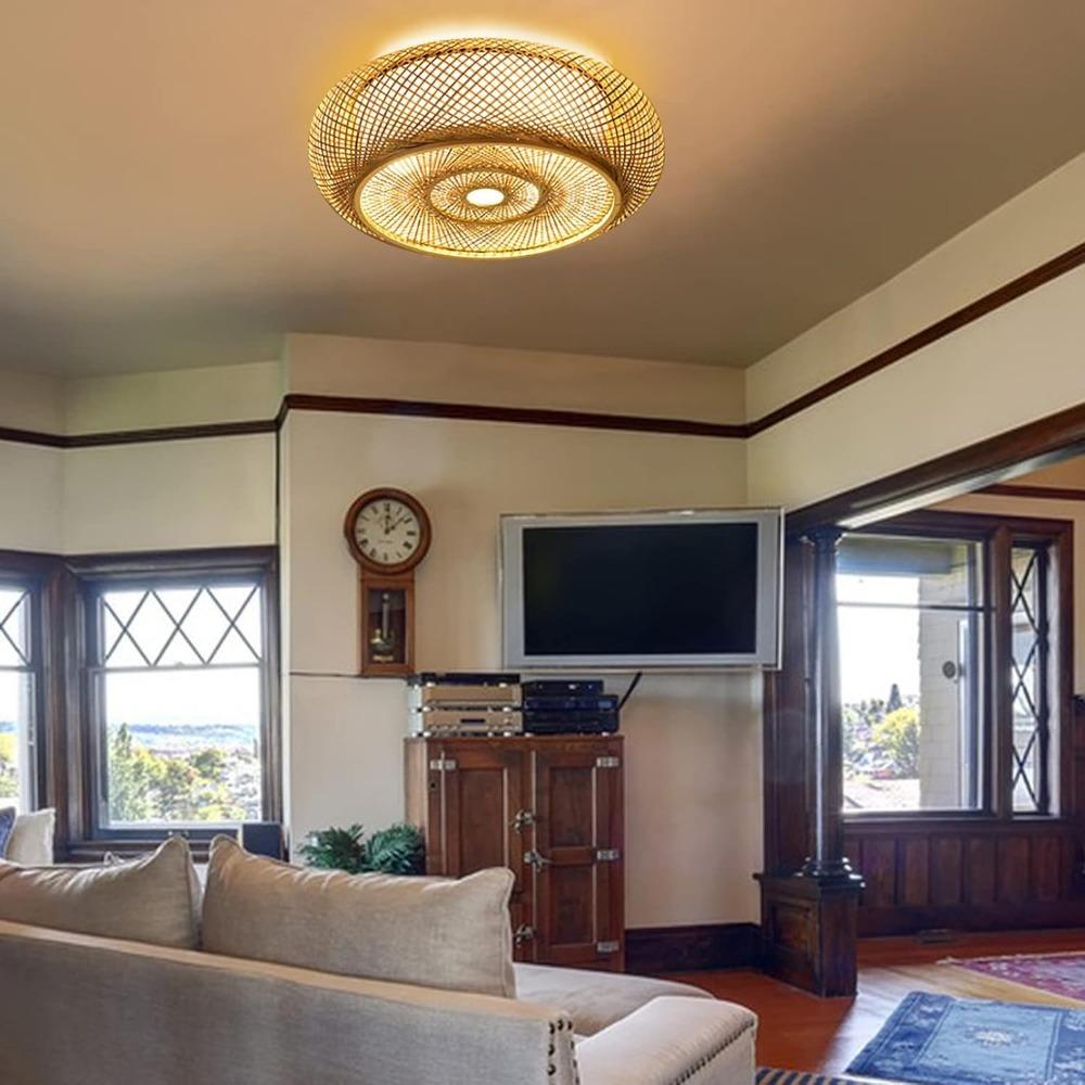Vintage Hand-woven Bamboo Ceiling Light Wicker Light Fixtures Rattan Flush Mount Ceiling Light Traditional Home Decoration Lamps