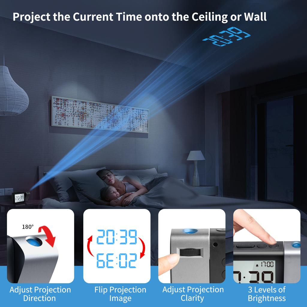 Smart Projection Alarm Clock with Large Screen Rechargeable Temperature Date Display 3-Level Dimming Bedroom Bedside Clock2