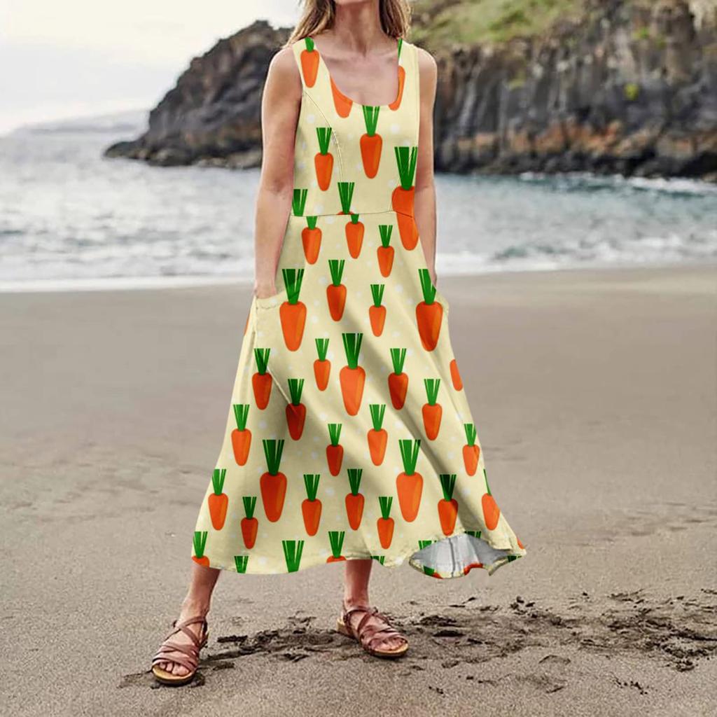 Women's Summer Casual Fashion Easter Printed Sleeveless Round Neck Pocket Dress