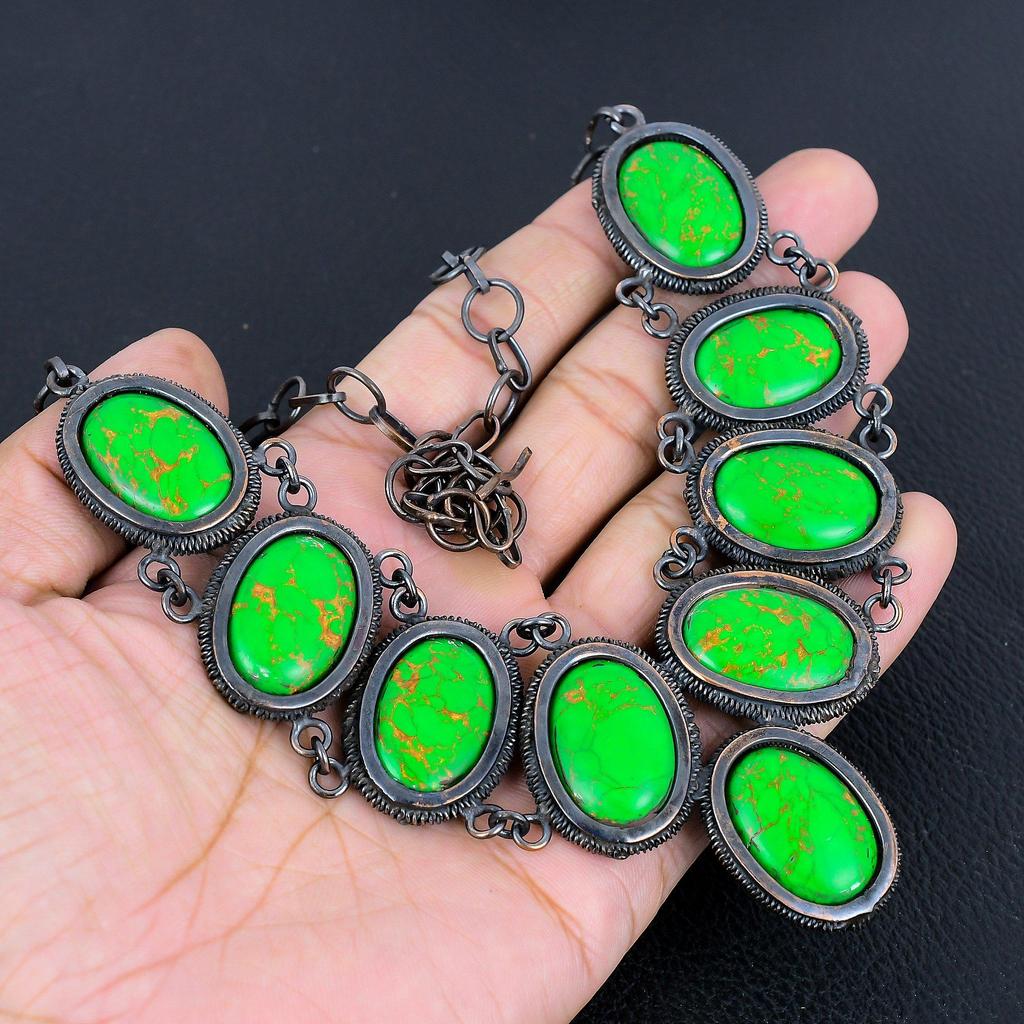 Зеленое Медно-Бирюзовое Ожерелье, Украшение из Самоцветов, Обмотанное Проволокой из Чистой Меди 999, Удивительное Ручное Ожерелье, Подарок Для Нее