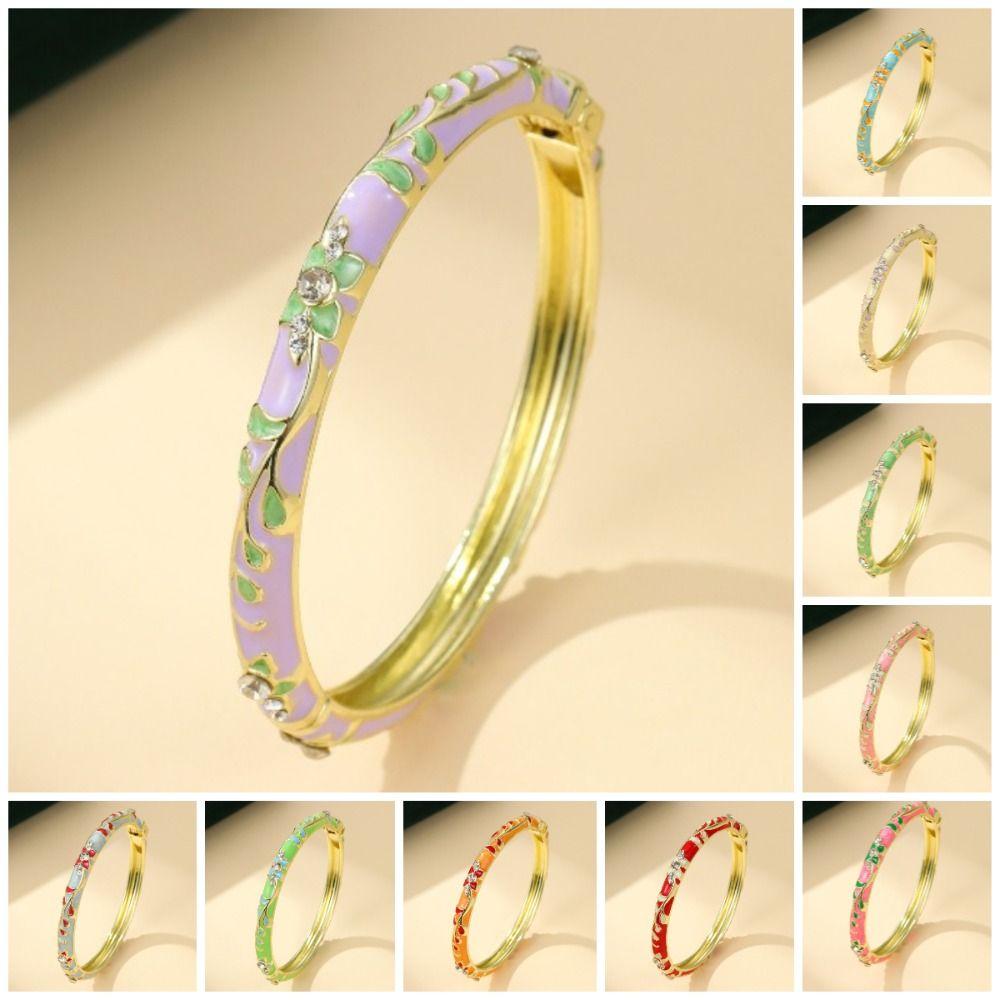 Elegant Open Cuff Bracelet Colorful Enamel Vintage Cloisonne Bangle Women's Floral Bracelet Ladies