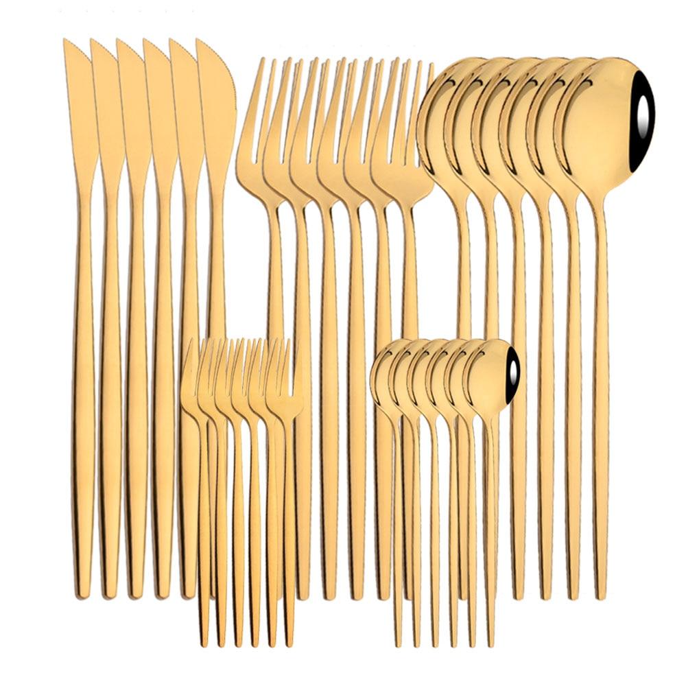30pcs Gold Dinnerware Set Stainless Steel Dinner Knife Fork Coffee Spoon Teaspoon Flatware Dishwasher Safe Kitchen Tableware Set