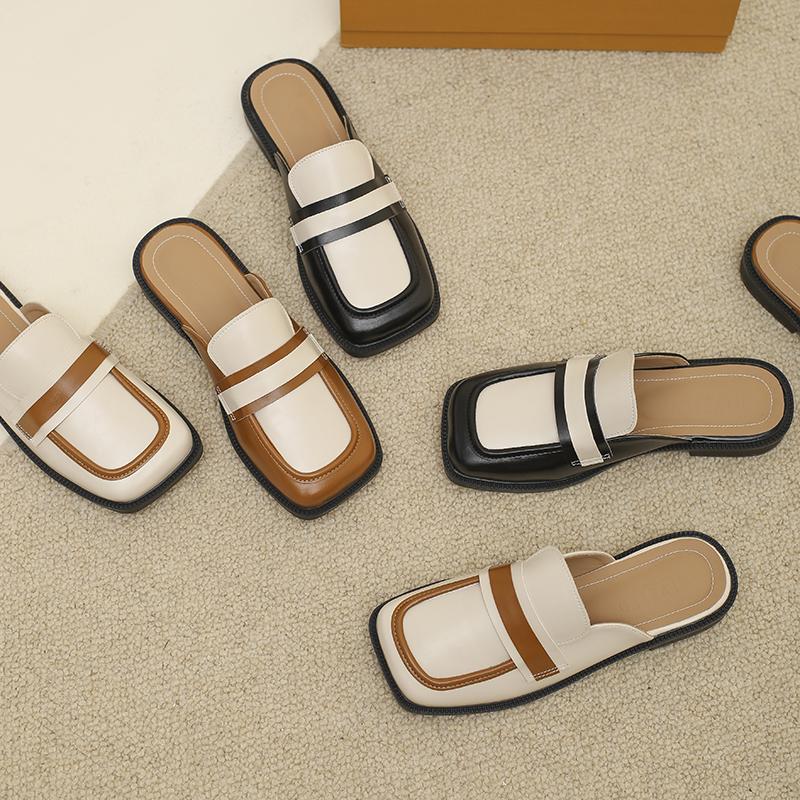 Fashion 2024 Spring and Autumn Women Wear Flat Slippers Square Head Design British Style Party and Work Wear Ladies Casual Mules 41-43