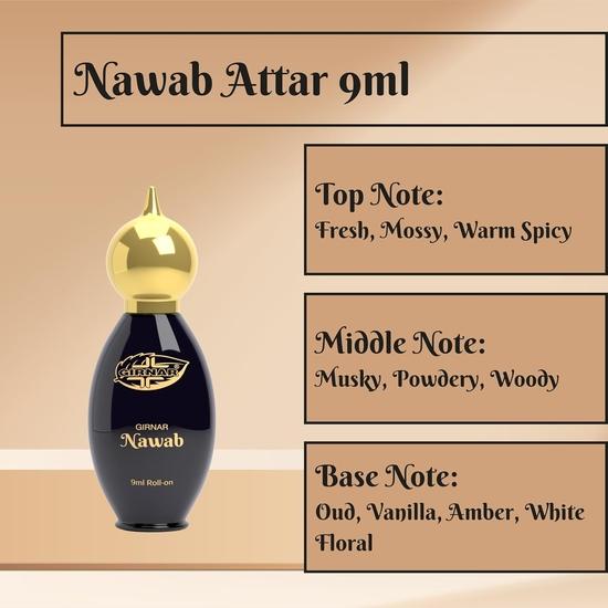 Girnar Nawab Attar 9 мл | Безалкогольные концентрированные духи премиум-класса | Свежий, мшистый, теплый пряный, мускусный, удовый и ванильный аромат