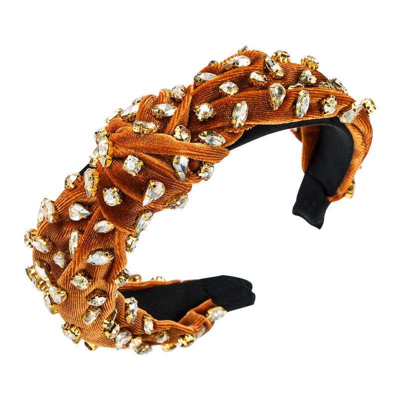 Harmonious Rhinestone Knotted Corduroy Headband: European & American Fashion, Wide-Brimmed, Sweet & Exaggerated Style for Women