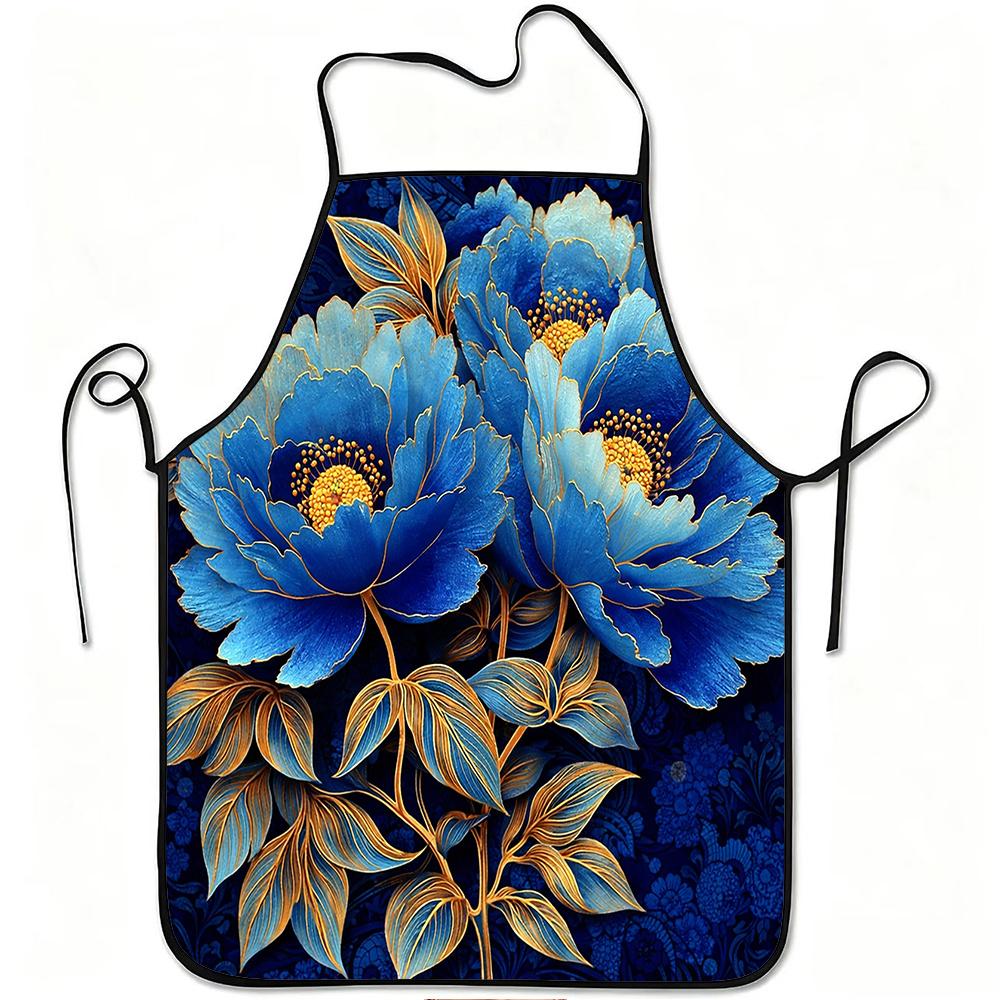 1pc Blue Peony Floral Art Print Apron, Durable and Easy to Clean, Adjustable Waistband, Polyester Material, for Kitchen Cooking, Gardening, Orchard Pi