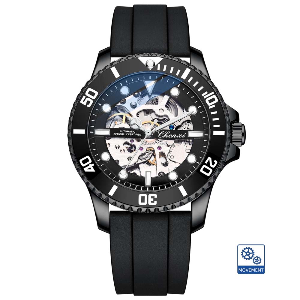 CHENXI Openwork Automatic Mechanical Watch Silicone Strap Submariner Fashion Men's Watch Mechanical Watch relojes para hombres