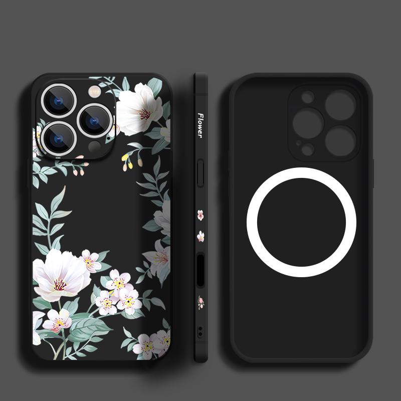Магнитный чехол с черно-белым цветочным узором для Magsafe, для iPhone 16 Pro Max, Coque iPhone 15 Pro Max 14 13 11 17, чехол со встроенной металлической пластиной