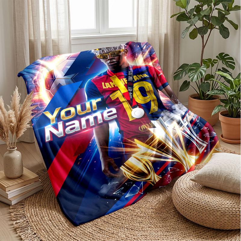 Lamine Yamal Custom Name Text Flannel Blanket Soccer Logo Personalized Fleece Throw Blanket Special Gift For Sofa Bedroom Home