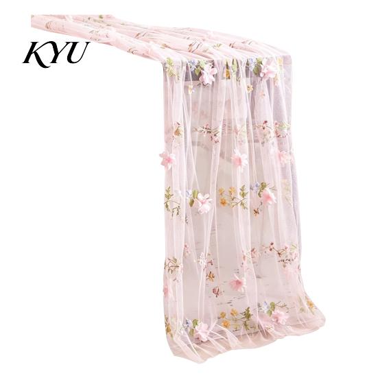 Country Style Table Decor Lace Embroidery Floral Tablecloth, 3D Flower Tulle Sheer Cover, Seasonal Tablecloth Colorful Cloth for Wedding Birthday Tea