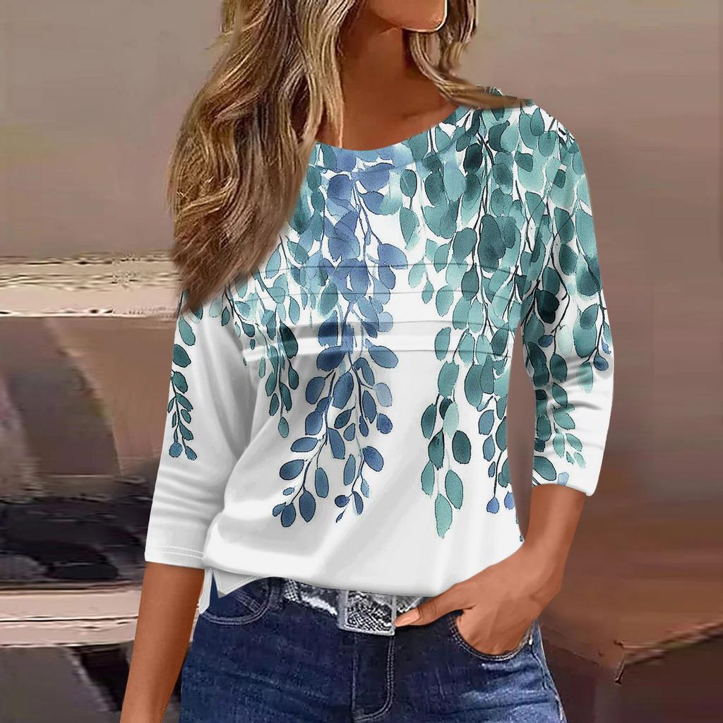 Футболки для женщин, плиссированные, с круглым вырезом, нарядные, повседневные, блузки с принтом, рукав 3/4, летние топы, свободный крой