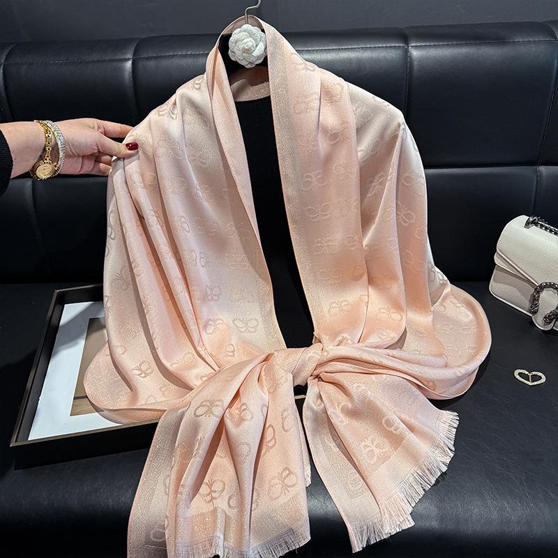 New Imitation Silk Fashionable Elegant High-end Long Silk Scarf Short Beard Shawl Long Scarf Tensile Cotton Gold Silk Scarf