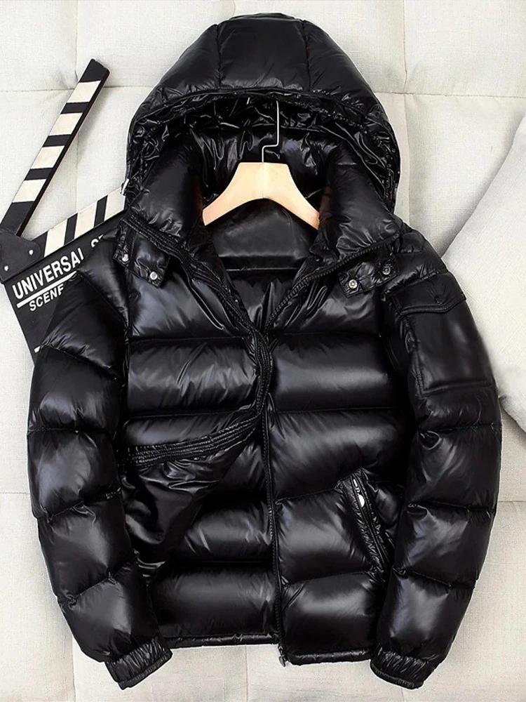 Бренд Пальто из белого утиного пуха Мужское Зимняя мода Однотонная куртка на молнии Верхняя одежда Утепленная пуховая куртка Мужская Повседневная с капюшоном Блестящая Теплая Свободная Парка