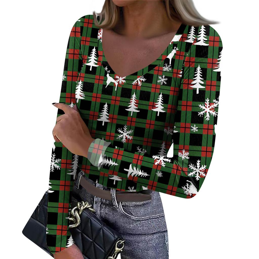 Women's Winter Slim-Fit Base Layer T-Shirt Fashionable Christmas Print V-Neck Pullover Long-Sleeved Top