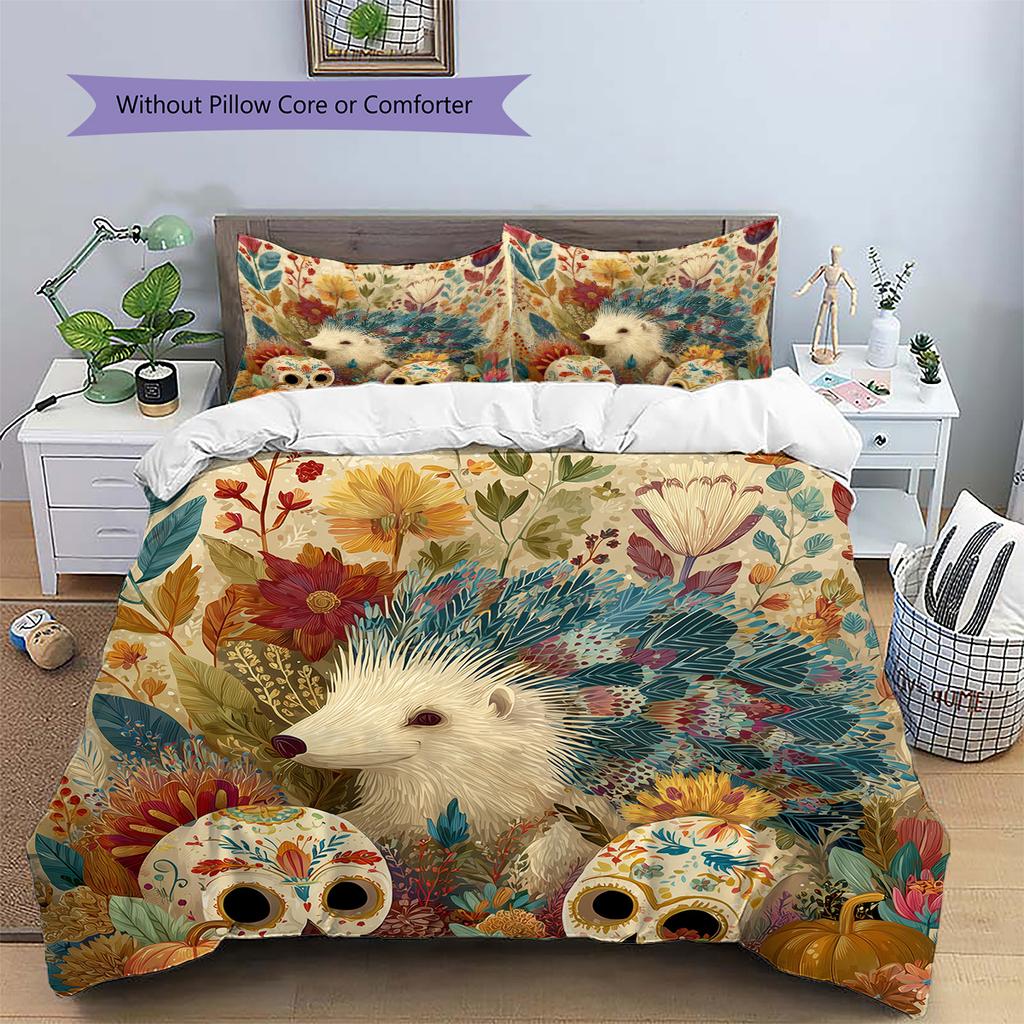 Leaf Hedgehog Pattern Bedding Quilt Set Home Decoration Gift (1 * duvet cover + 2 * pillowcase without core)