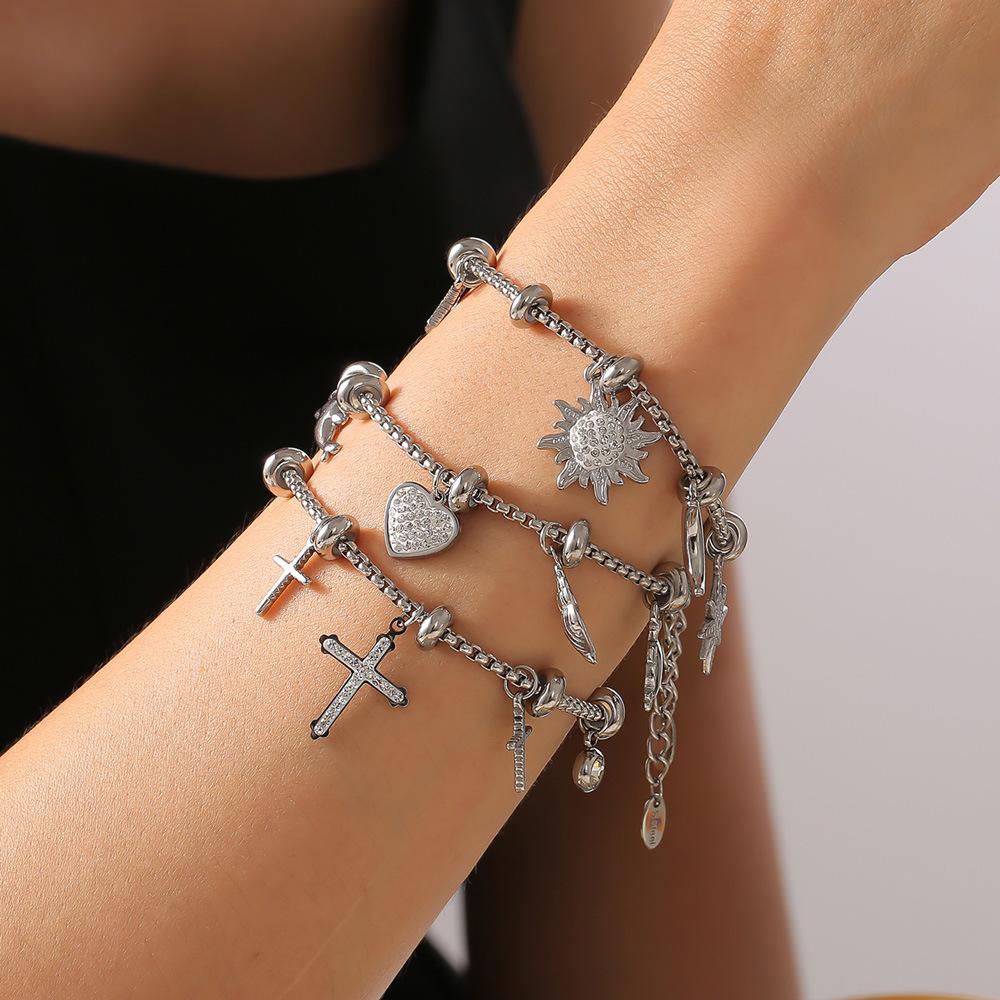 F.I.N.S Heart Cross Star Moon Multi Pendant Titanium Steel Bracelet For Women 18k Gold Plated Shiny Zircon Women's Charm Jewelry