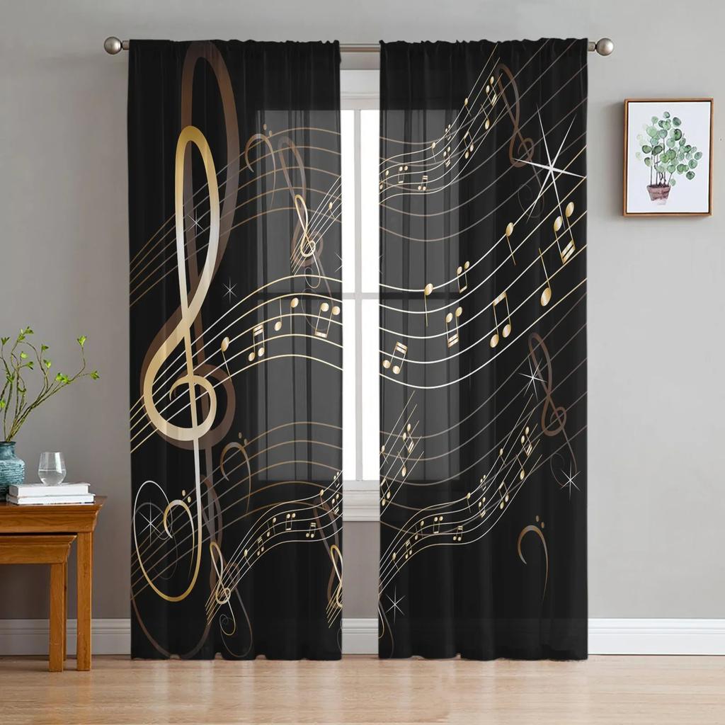Music Notes Black Chiffon Sheer Curtains for Living Room Bedroom Home Decoration Window Voiles Tulle Drapes Curtain