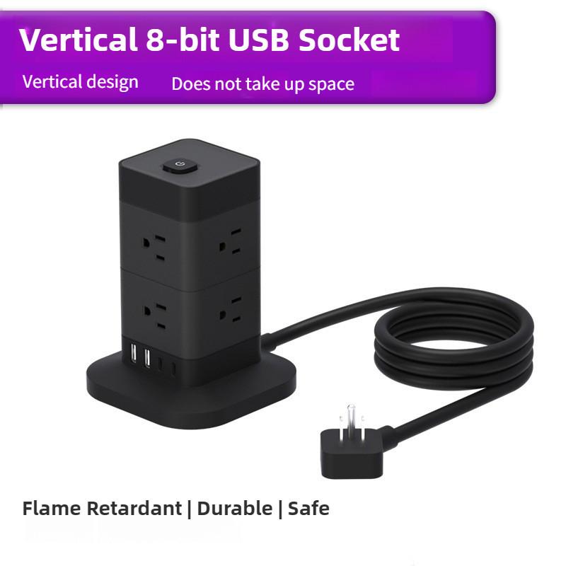 Household USB Charging Vertical Socket Multi Port Main Control Switch Type-C Tower Office Overload Power Strip