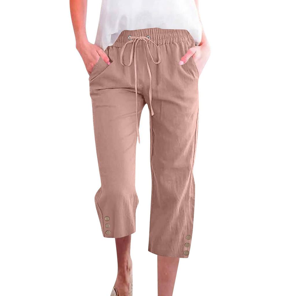 Весенние однотонные укороченные брюки из хлопко-льня на кулиске