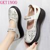 Модная GKTINOO 2025 Весна Лето Ажурная Обувь из Натуральной Кожи Сандалии Платформа Обувь на Танкетке Высокий Каблук Большой Размер Женская Обувь