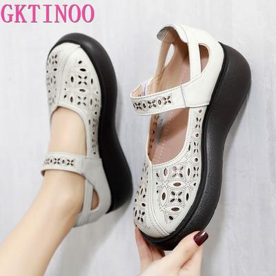 Модная GKTINOO 2025 Весна Лето Ажурная Обувь из Натуральной Кожи Сандалии Платформа Обувь на Танкетке Высокий Каблук Большой Размер Женская Обувь