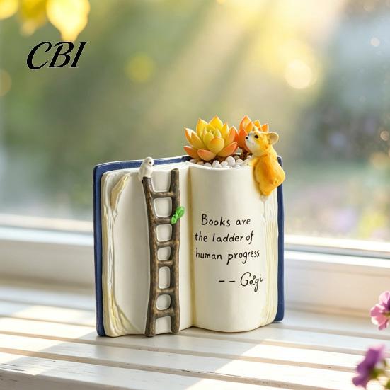 Decorative Vase for Desk Book Shaped Flower Pot, Creative Planter with Ladder Puppy And Bird Design Cute Animal Relief Pot Succulents & Small Plants,