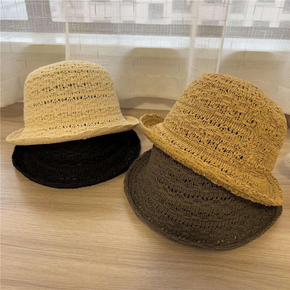 Hollow and Breathable Knitted Small Crimped Top Hat Women's Spring and Summer Face Small Plain Basin Hat Bucket Hat