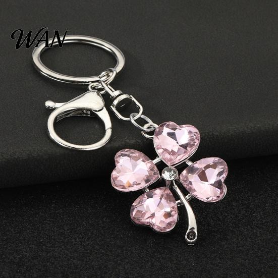 Blue Rhinestone Keychain Pendant Sparkling Rhinestones Four-Leaf Clover Design Key Chain with Electroplated Lobster Clasp Easy to Hang Holder Backpack