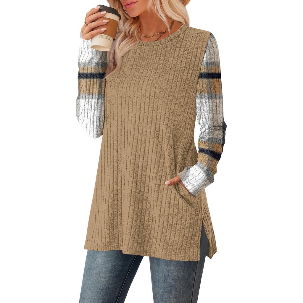 Women's Striped Printed Round-neck Long-sleeved Top With Pockets And Side Slits