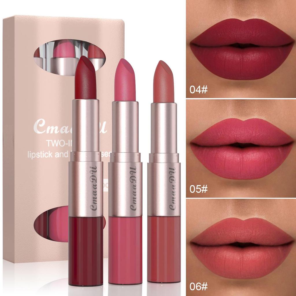 CmaaDu 3-Piece Matte Lipstick & Gloss Set: Velvet Finish, Non-Transferring Formula for Makeup.