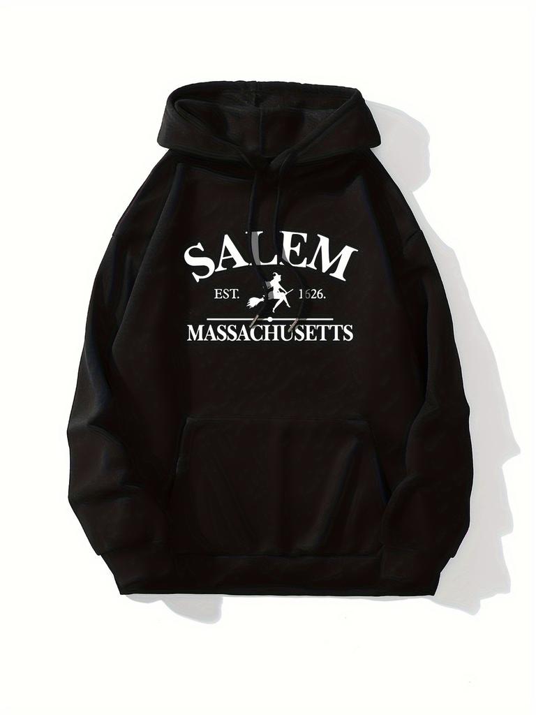Long Sleeve Witch & Slogan Print Fleece Hoodie with Kangaroo Pockets Drawstring Casual Halloween HoodieMachine Washable Sporty Hoo